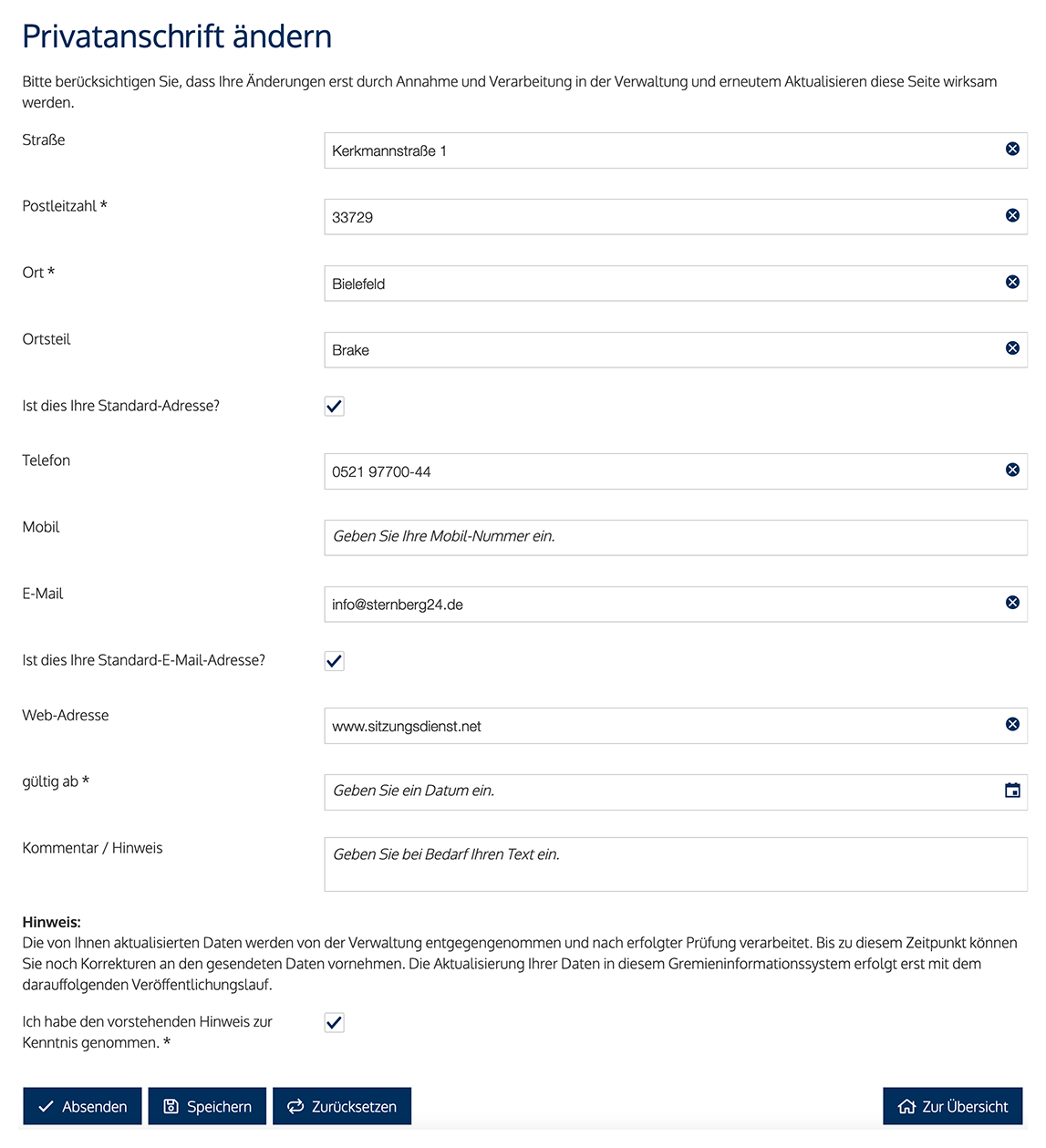 Screenshot Formularmanager im Gremieninfosystem | Ändern der Privatanschrift