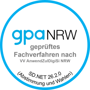 Zertifizierungssiegel der GPA NRW für SD.NET 26.2.0 (Abstimmung und Wahlen)