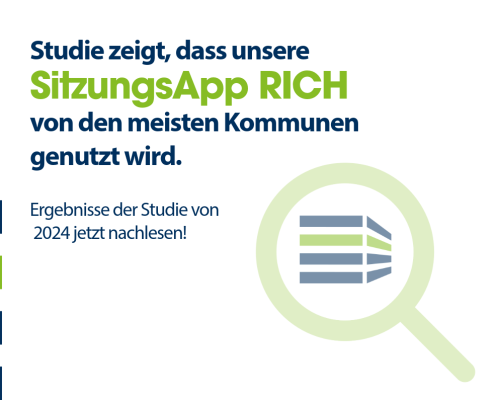 Text "Studie zeigt, dass unsere SitzungsApp RICH von den meisten Kommunen genutzt wird. Ergebnisse der Studie von 2024 jetzt nachlesen!"